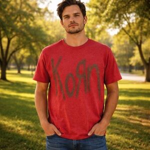 Korn Band Tee Red Graphic T-Shirt Medium Nu Metal Rock Band Shirt